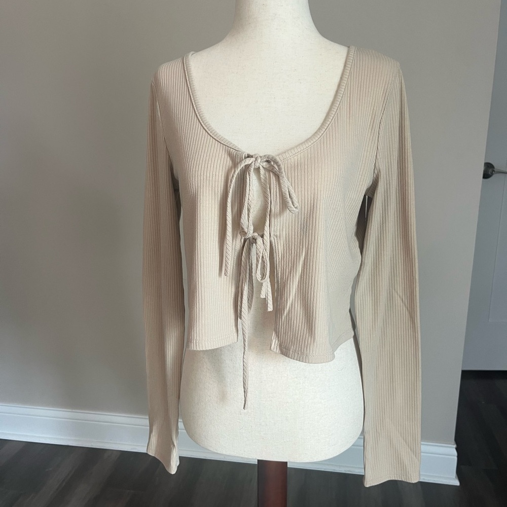 Boho Fairy Beige Ribbed Tie-Front Crop Top Cardigan